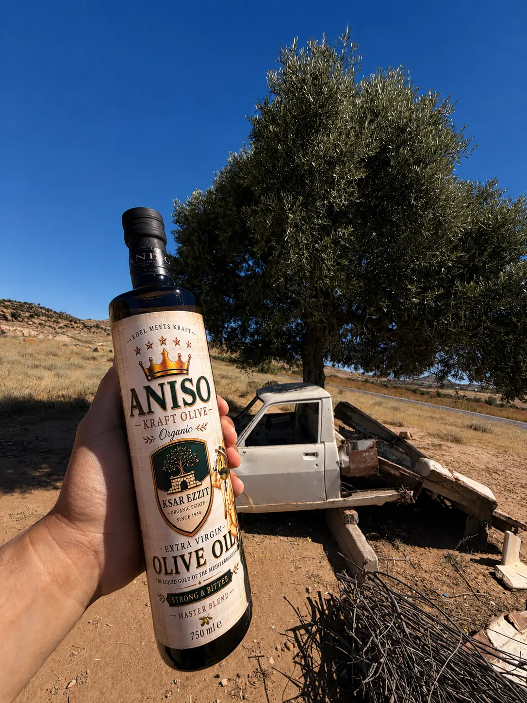 ANISO Kraft Olive vor einem alten Olivenbaum auf Ksar Ezzit