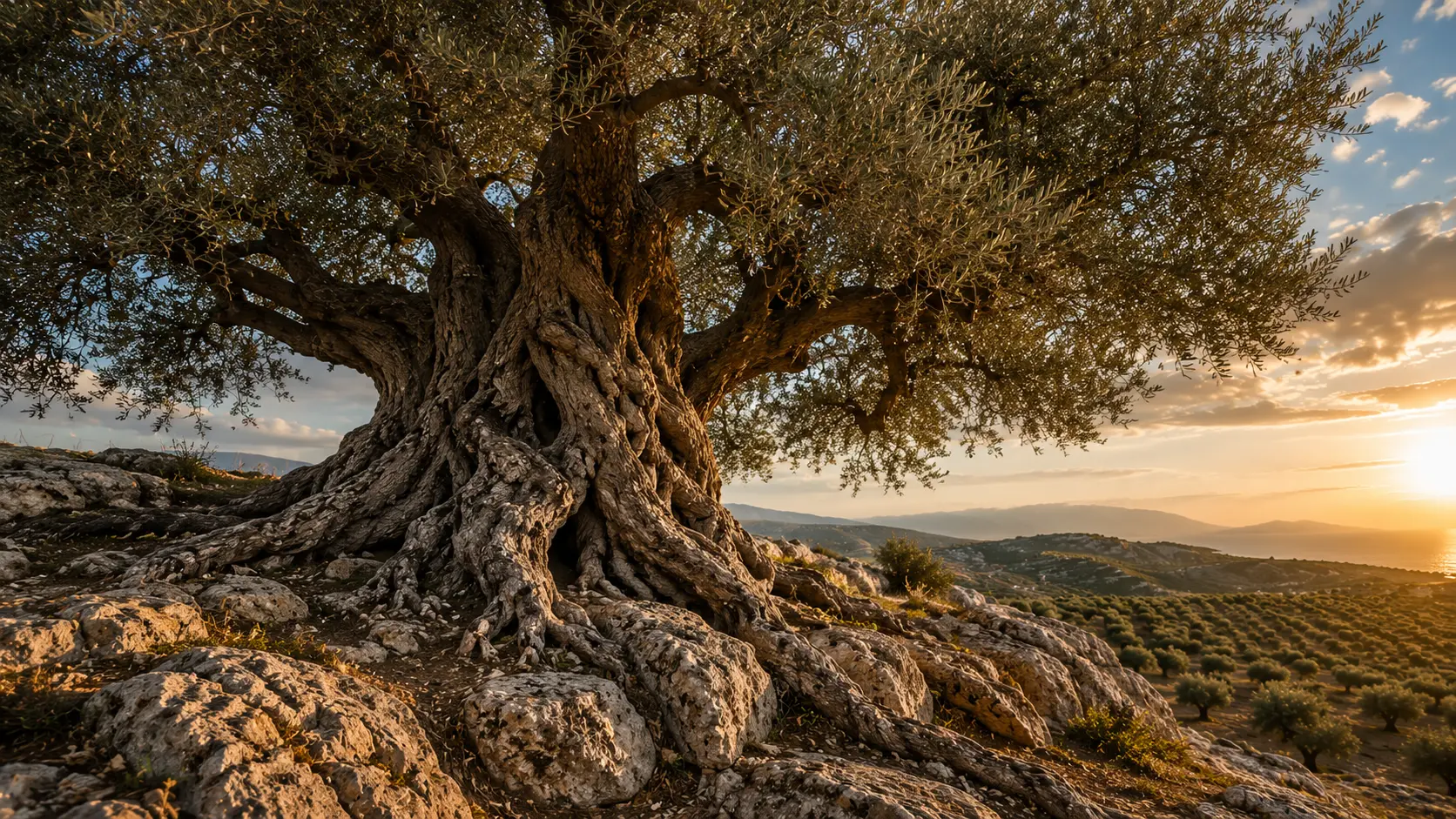 Alter kraftvoller Olivenbaum auf dem Ksar Ezzit Organic Estate